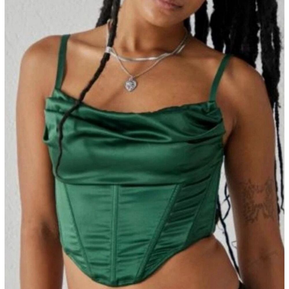 Urban Outfitters Lexi corset top boned dark green satin witchy goth goddess S